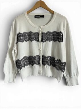 Karl Lagerfeld Paris Lace Trim Cardigan XL Pearl Button Cream Black Lace